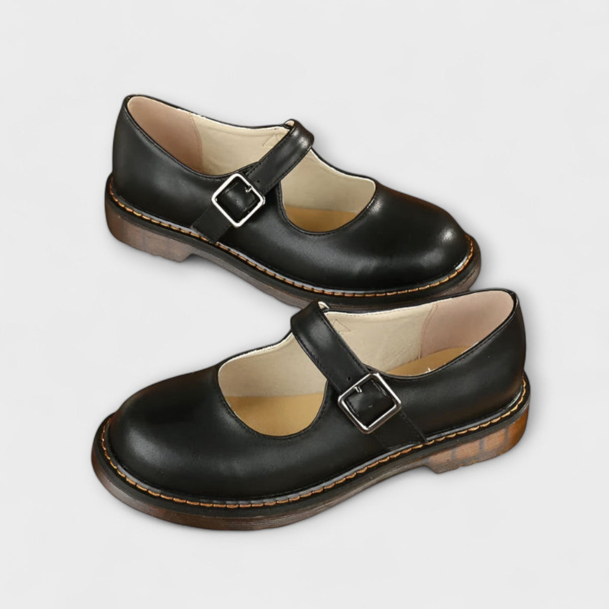 Womens Round Toe Mary Jane Flats with Adjustable Buckle Strap and Cushioned Low Heel