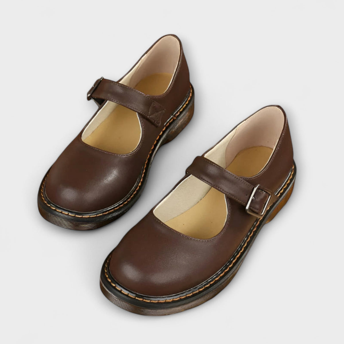 Womens Round Toe Mary Jane Flats with Adjustable Buckle Strap and Cushioned Low Heel