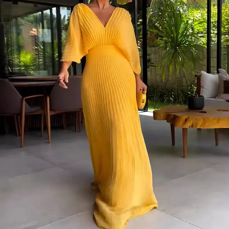 Womens Pleated Evening Gown with Cape Sleeves, Floor-Length