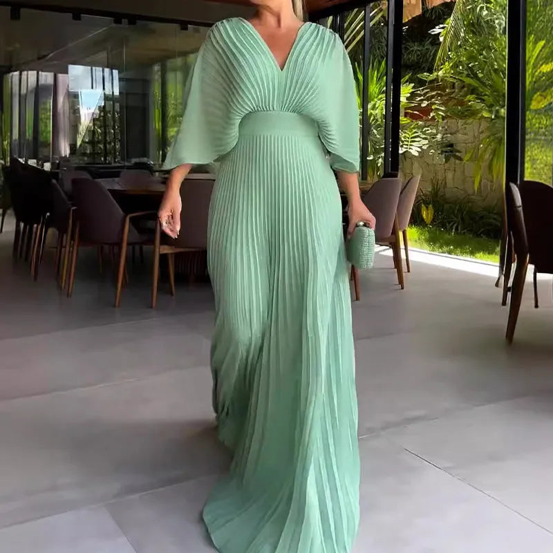 Womens Pleated Evening Gown with Cape Sleeves, Floor-Length