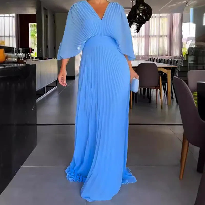 Womens Pleated Evening Gown with Cape Sleeves, Floor-Length