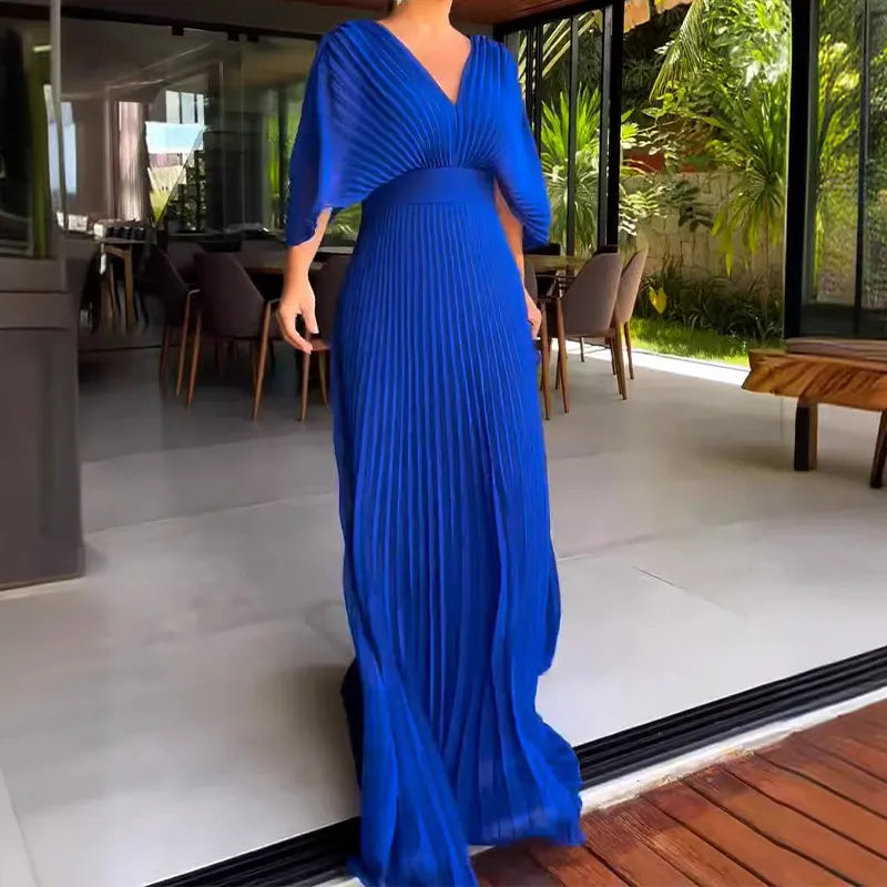 Womens Pleated Evening Gown with Cape Sleeves, Floor-Length