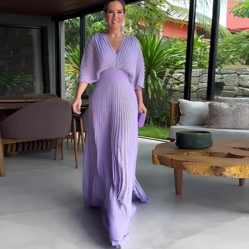 Womens Pleated Evening Gown with Cape Sleeves, Floor-Length