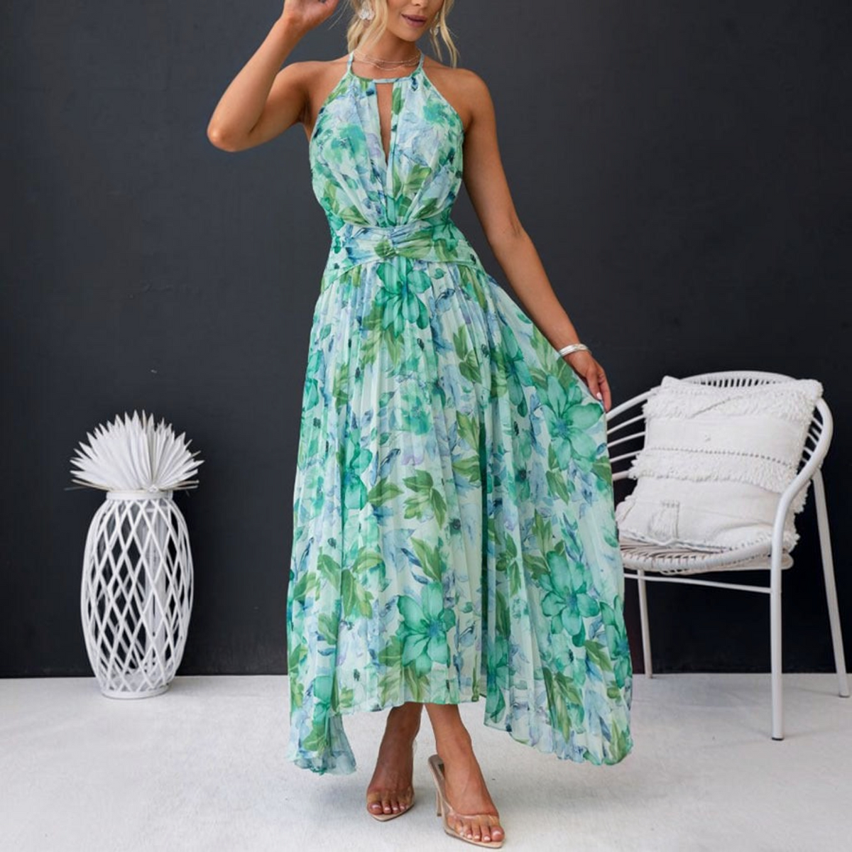 Watercolor Floral Halter Midi Dress with Keyhole Detail and Wrap Waist