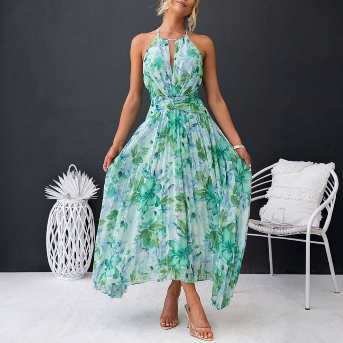 Watercolor Floral Halter Midi Dress with Keyhole Detail and Wrap Waist