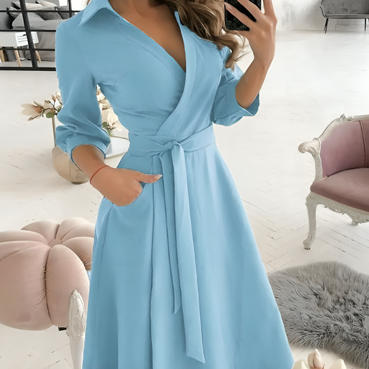 Womens Wrap Midi Dress with V-Neck and Adjustable Tie Belt
