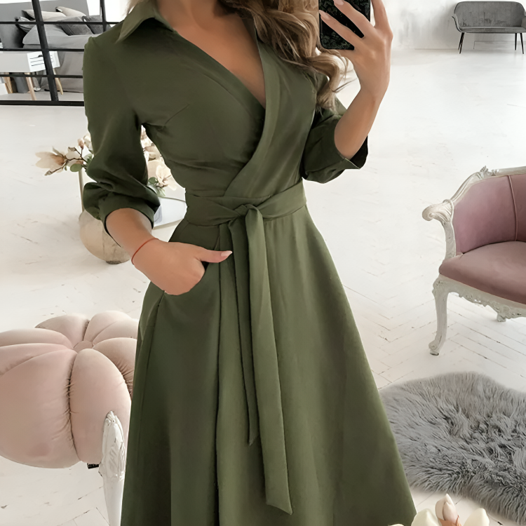 Womens Wrap Midi Dress with V-Neck and Adjustable Tie Belt