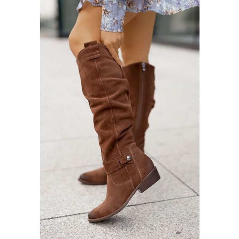 Womens Knee-High Slouch Boots with Low Block Heel and Pull-On Design