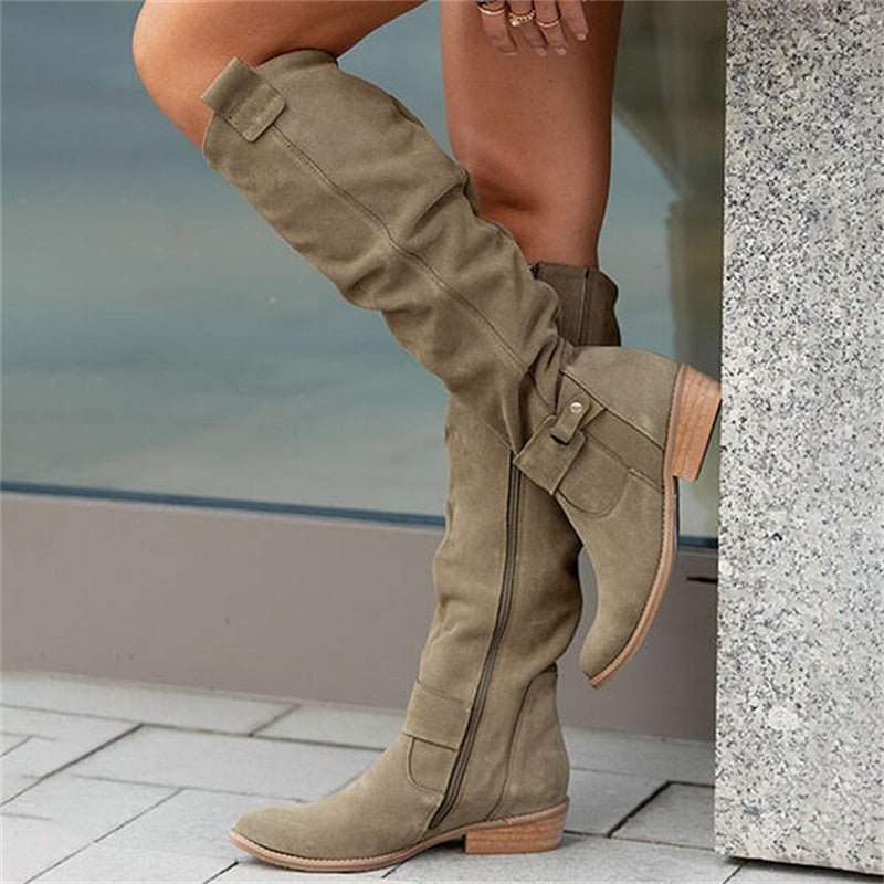 Womens Knee-High Slouch Boots with Low Block Heel and Pull-On Design