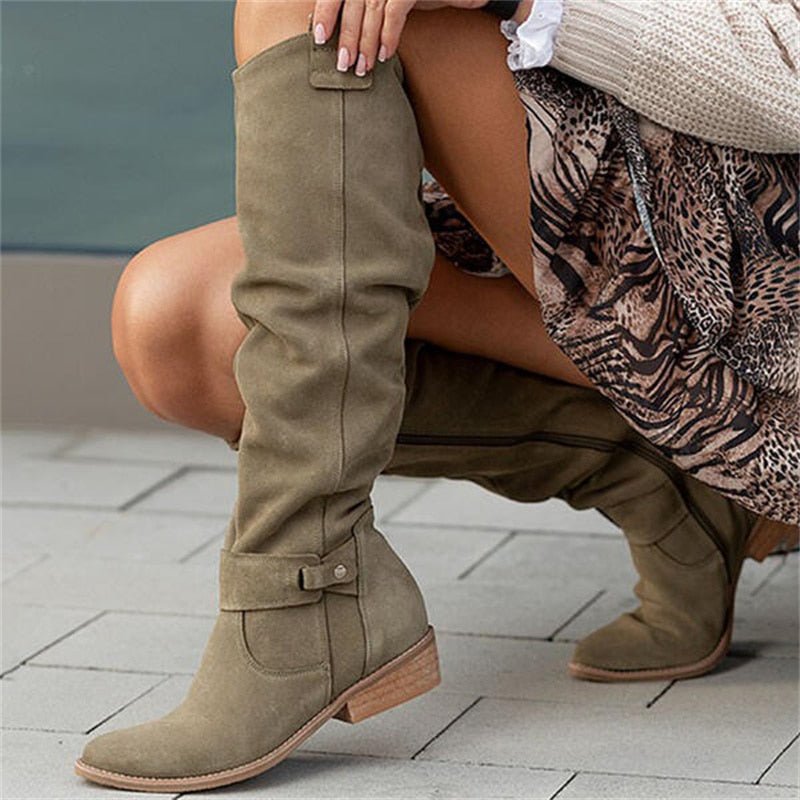 Womens Knee-High Slouch Boots with Low Block Heel and Pull-On Design