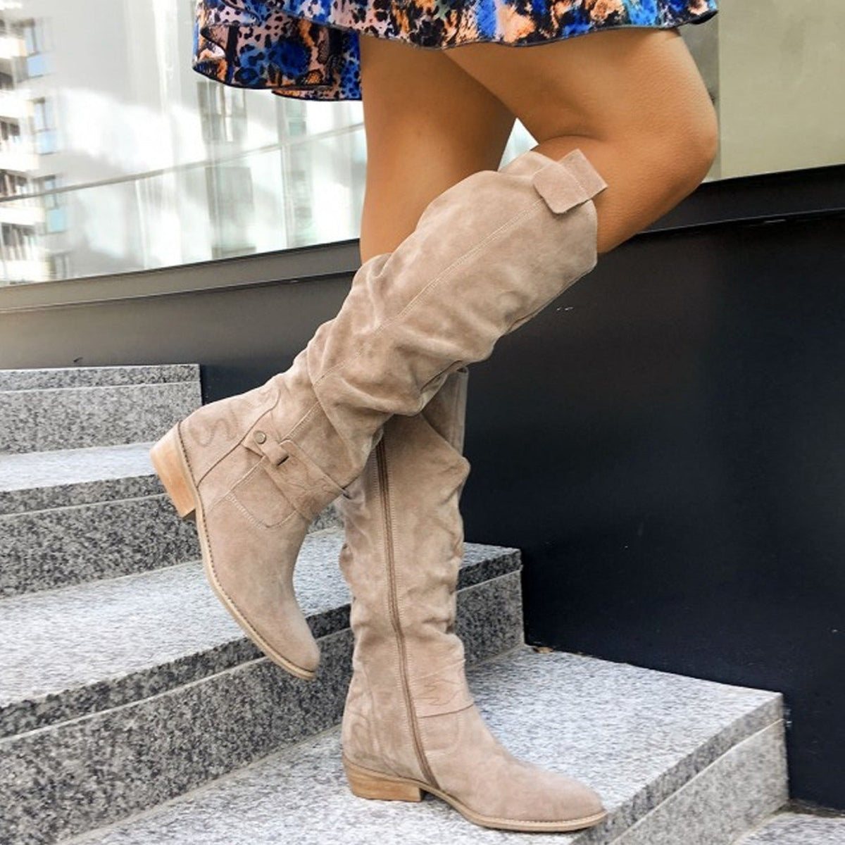 Womens Knee-High Slouch Boots with Low Block Heel and Pull-On Design