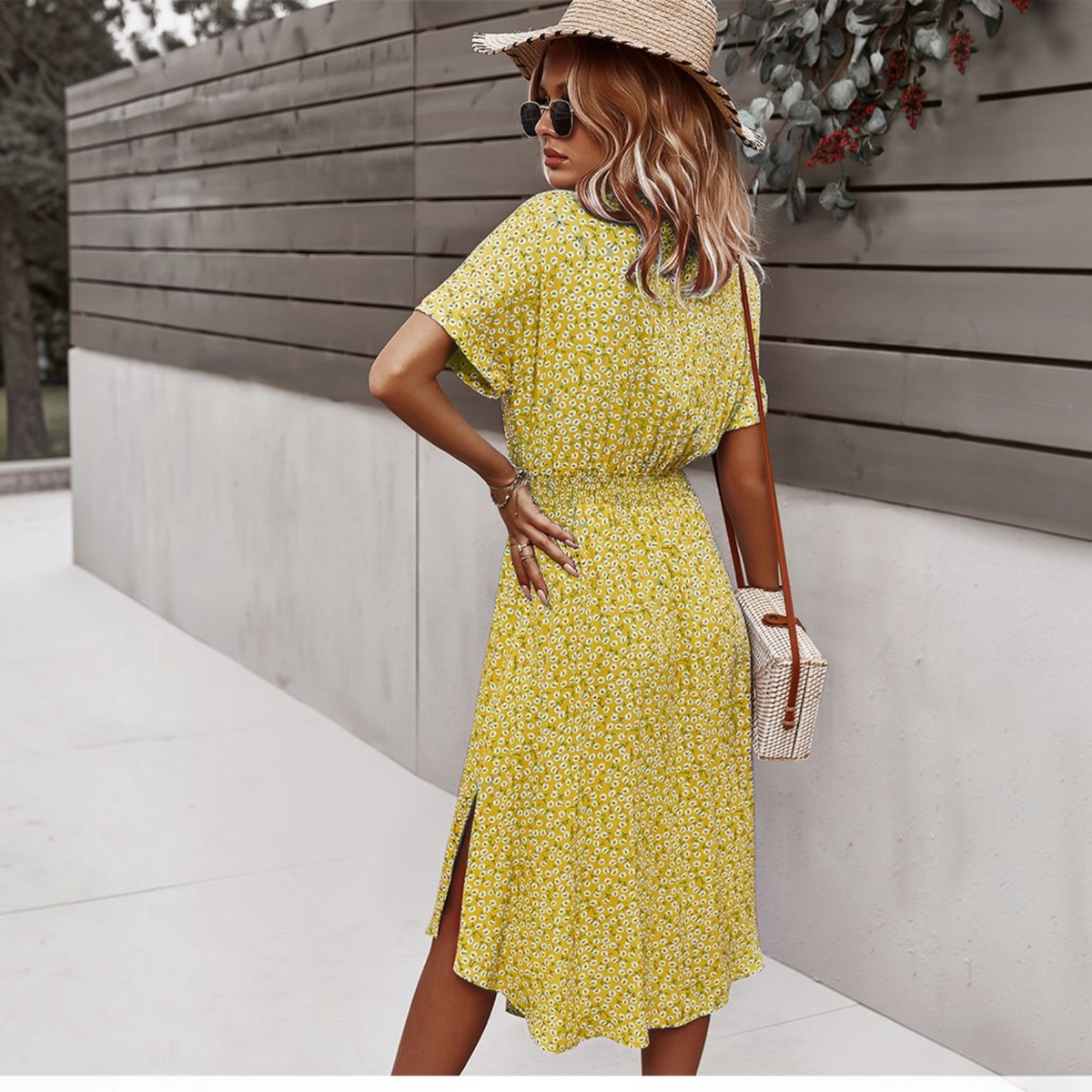 Floral Midi Dress with V Neckline and Self Tie Waist, Button Front, Gathered Sleeves