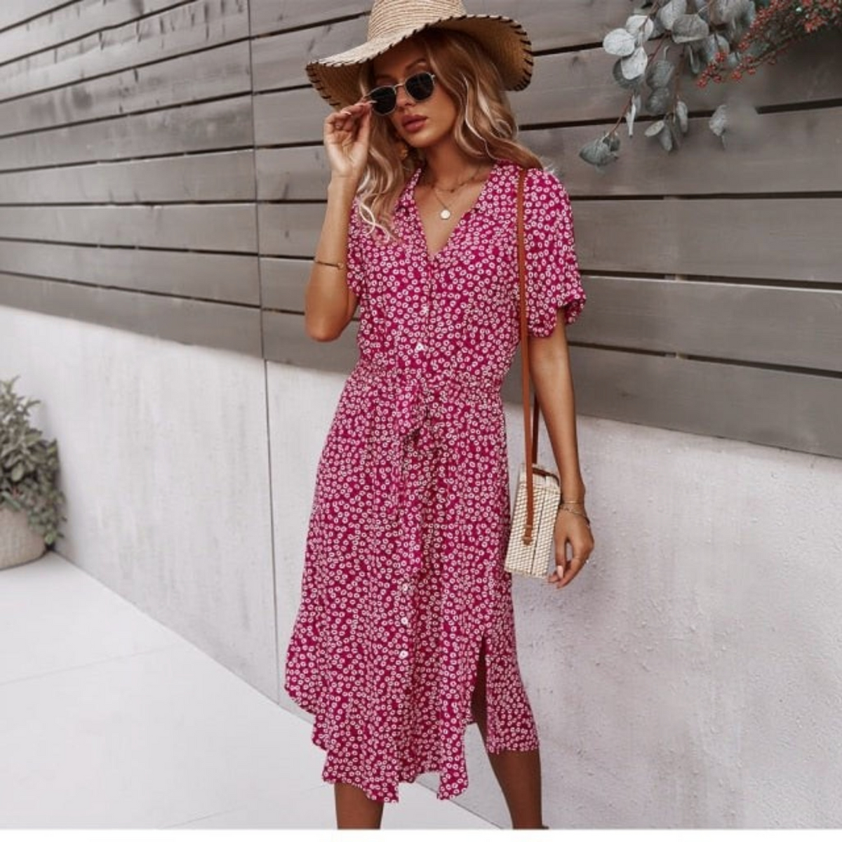 Floral Midi Dress with V Neckline and Self Tie Waist, Button Front, Gathered Sleeves