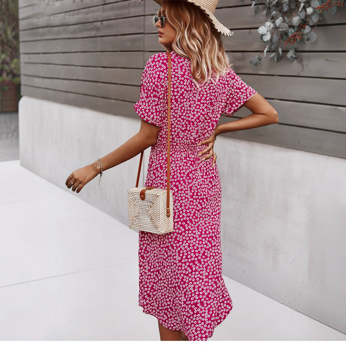 Floral Midi Dress with V Neckline and Self Tie Waist, Button Front, Gathered Sleeves