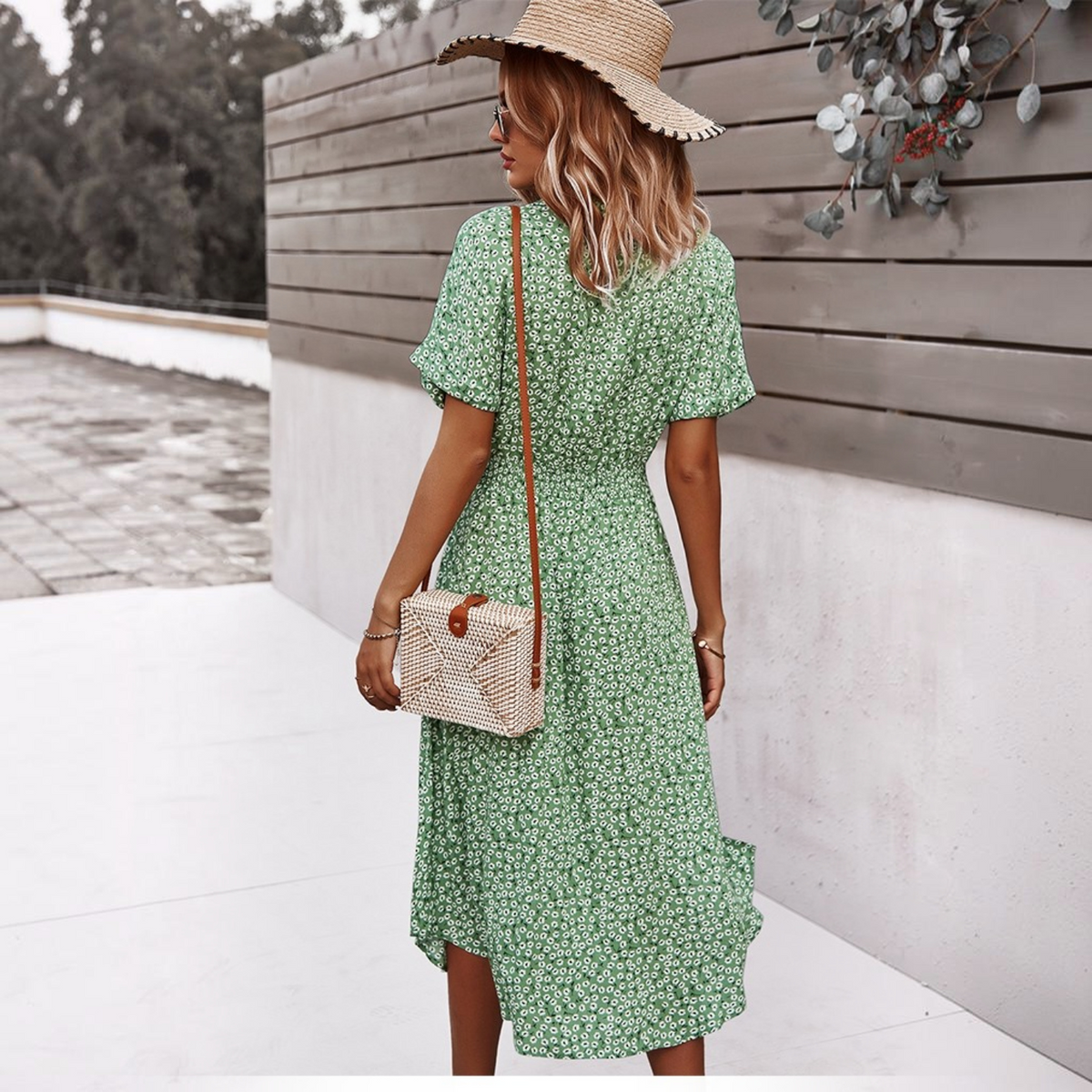 Floral Midi Dress with V Neckline and Self Tie Waist, Button Front, Gathered Sleeves