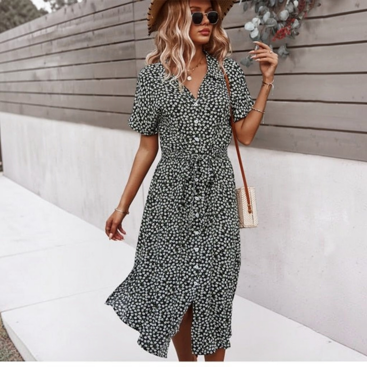 Floral Midi Dress with V Neckline and Self Tie Waist, Button Front, Gathered Sleeves