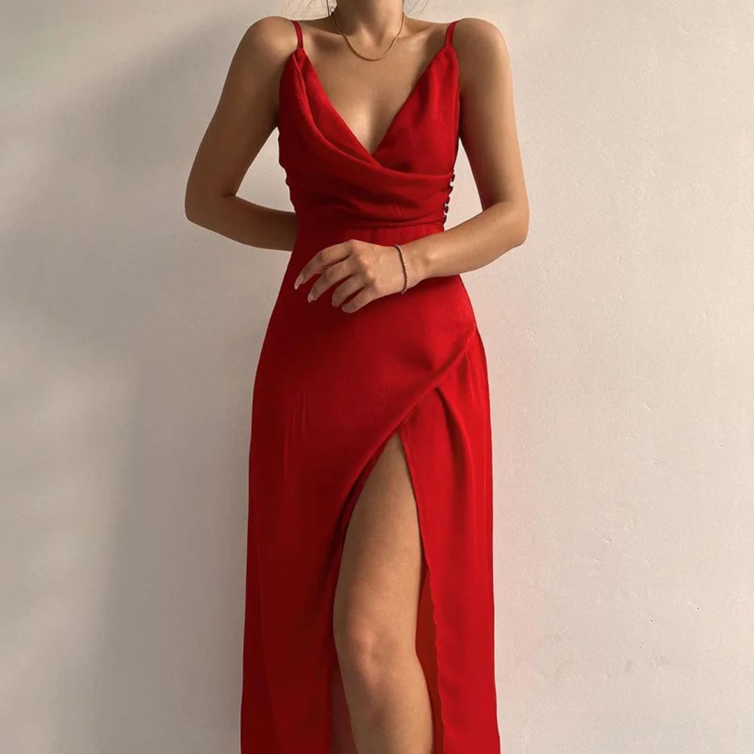 Womens Midi Wrap Dress with Surplice Neckline and High Front Slit