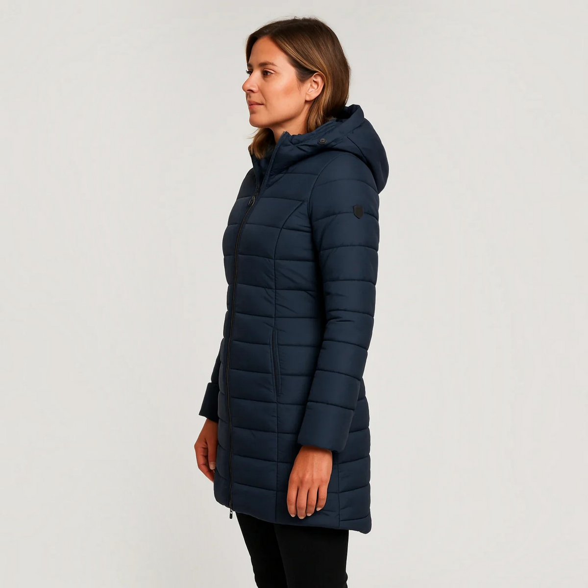Womens Quilted Puffer Jacket with Detachable Hood and Mid-Length Fit
