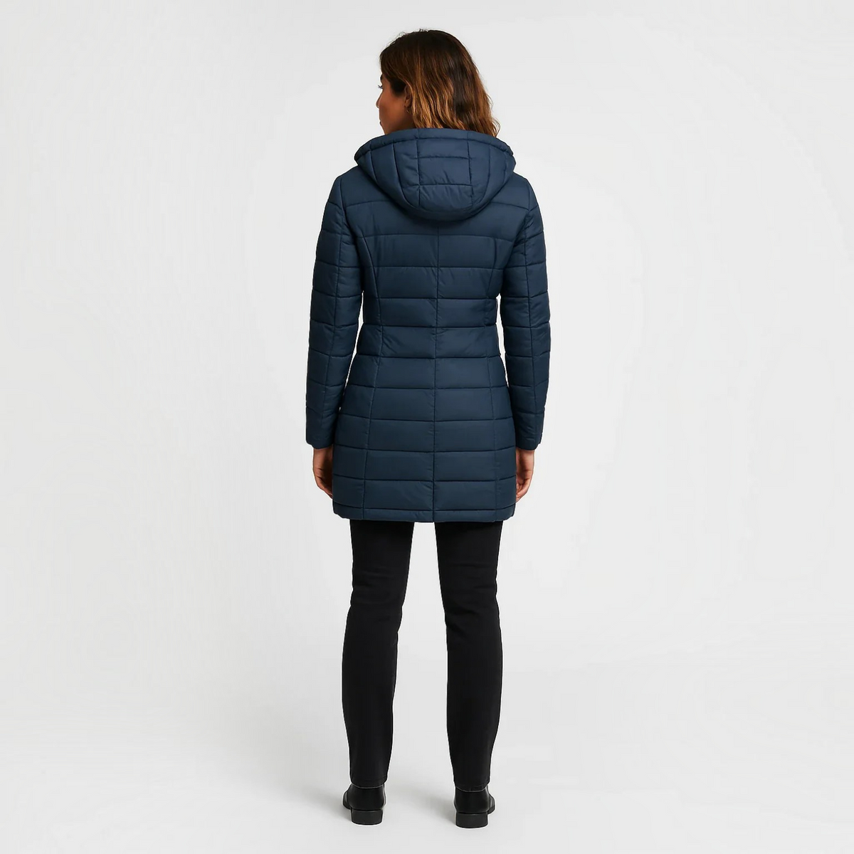 Womens Quilted Puffer Jacket with Detachable Hood and Mid-Length Fit