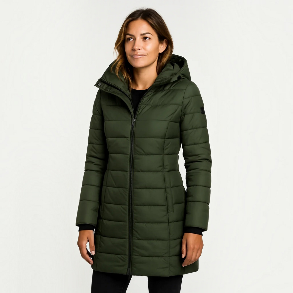 Womens Quilted Puffer Jacket with Detachable Hood and Mid-Length Fit