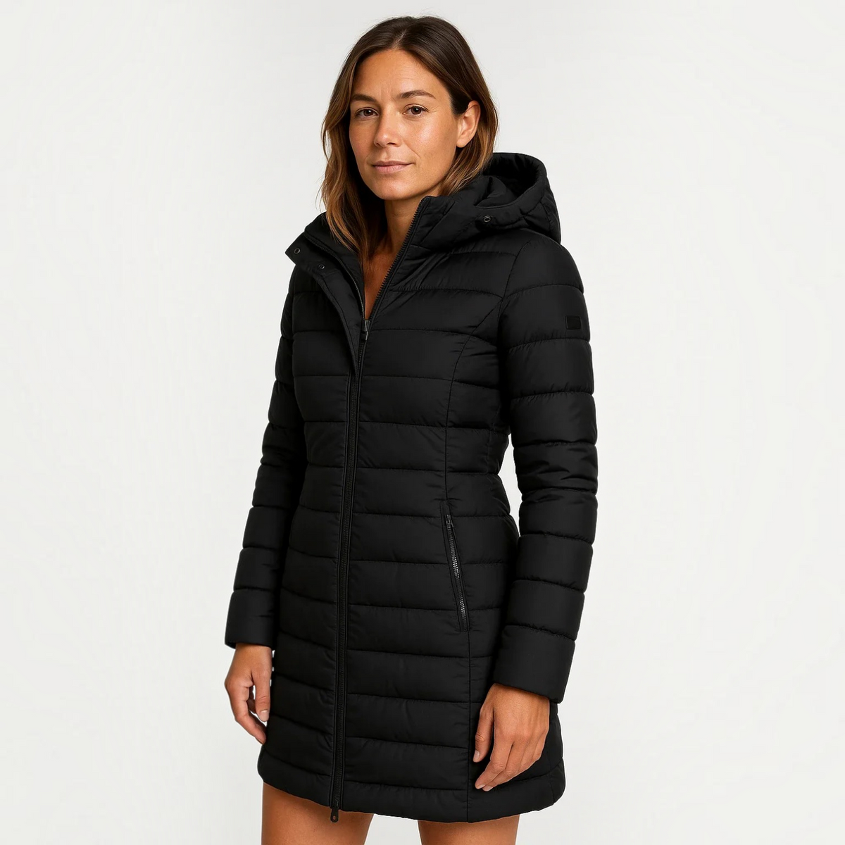 Womens Quilted Puffer Jacket with Detachable Hood and Mid-Length Fit