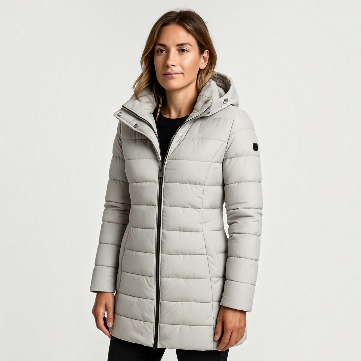 Womens Quilted Puffer Jacket with Detachable Hood and Mid-Length Fit