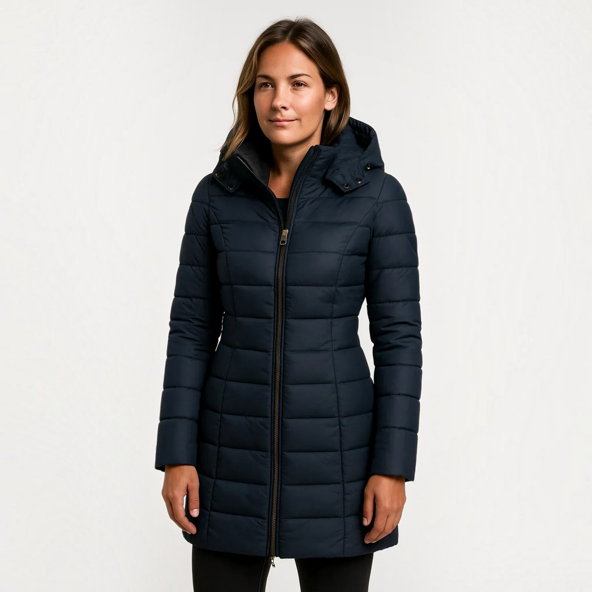 Womens Quilted Puffer Jacket with Detachable Hood and Mid-Length Fit