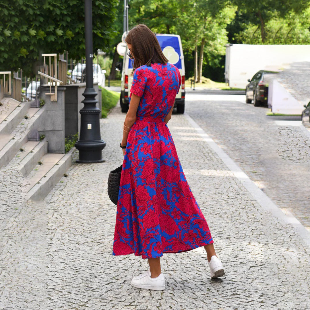 Floral Wrap Maxi Dress with Adjustable Tie Waist and V Neckline, Full Length