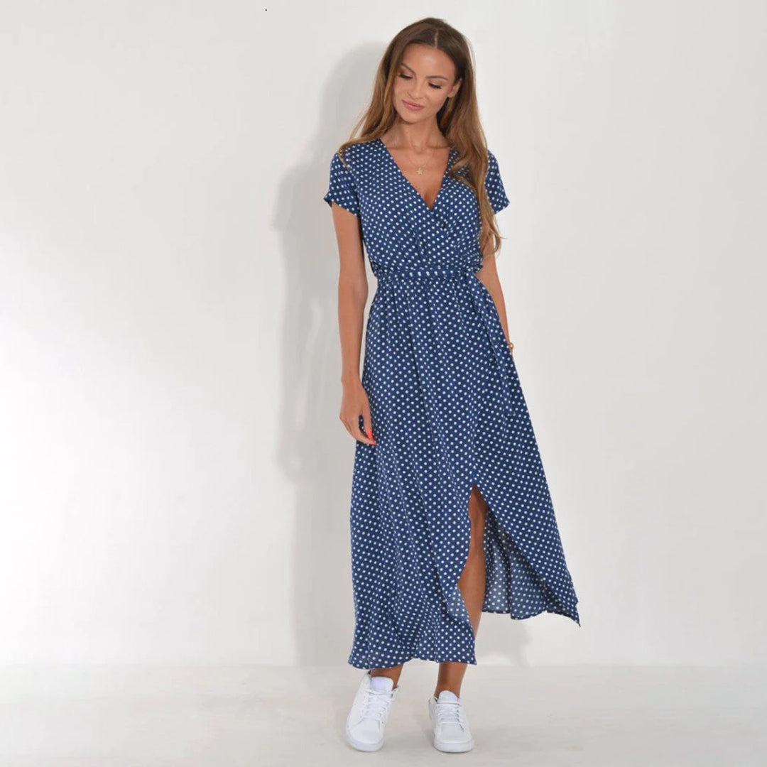 Floral Wrap Maxi Dress with Adjustable Tie Waist and V Neckline, Full Length