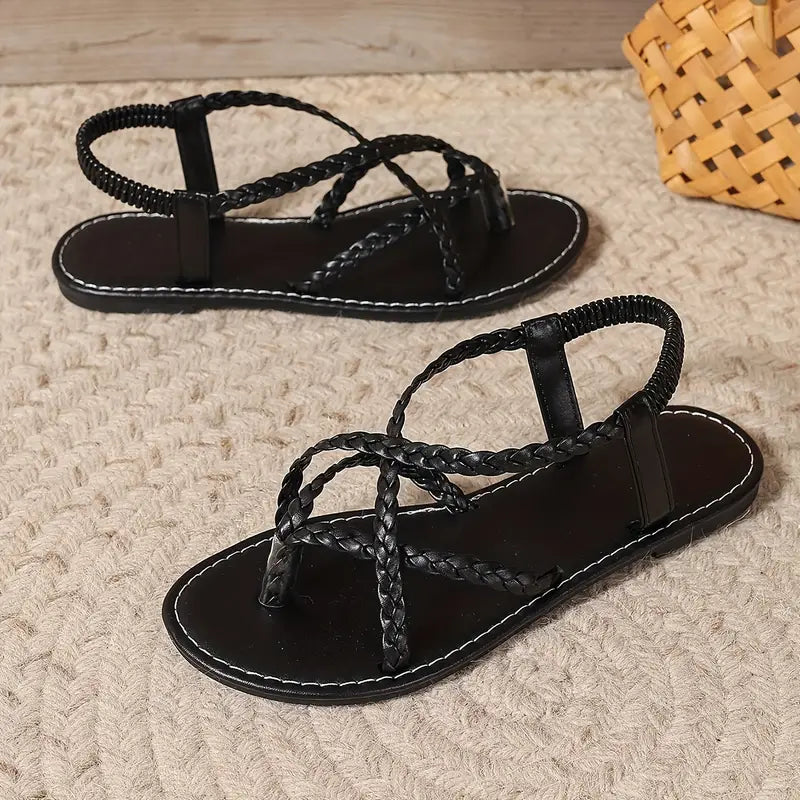 Womens Braided Sandals with Contoured Footbed and Gladiator Straps, Slip-on Flat Heel