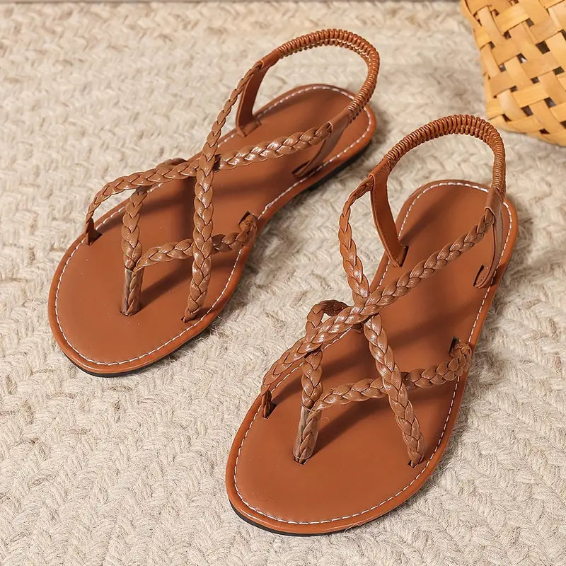 Womens Braided Sandals with Contoured Footbed and Gladiator Straps, Slip-on Flat Heel
