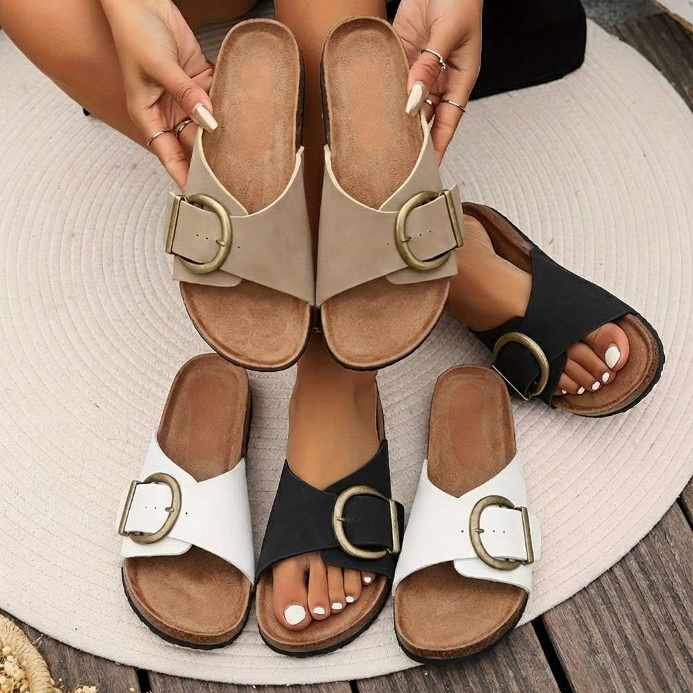 Womens Slide Sandals with Oversized Buckle and Contoured Footbed, Wide Strap