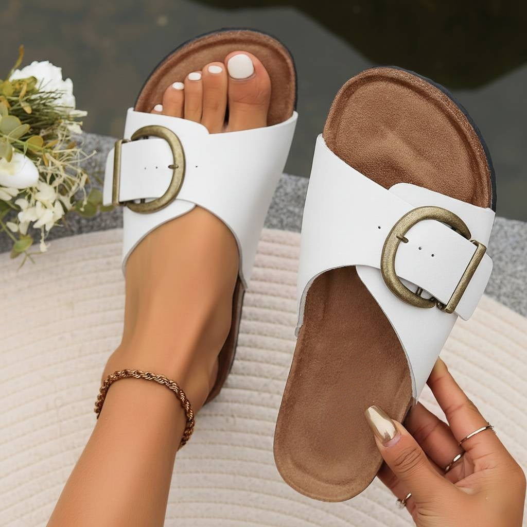 Womens Slide Sandals with Oversized Buckle and Contoured Footbed, Wide Strap