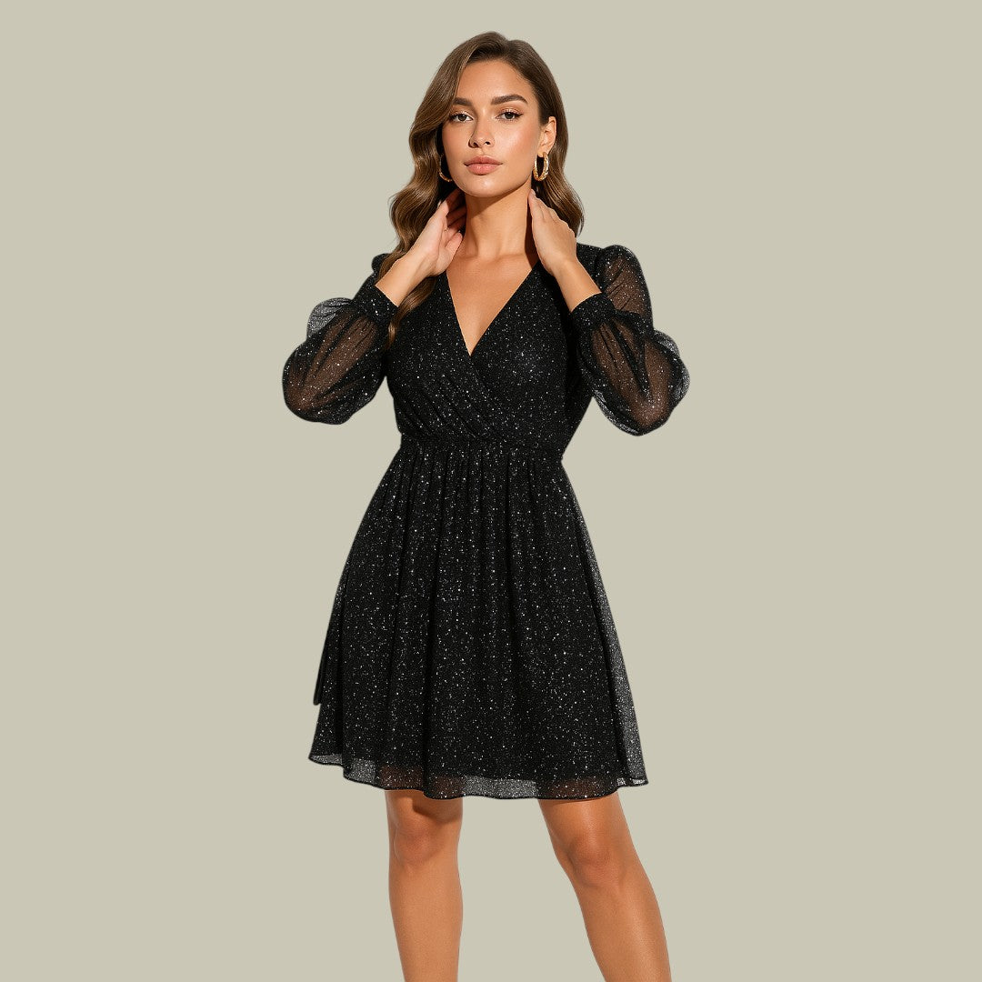Sequin Mini Dress with V-Neck and Puff Sleeves, Flared Skirt