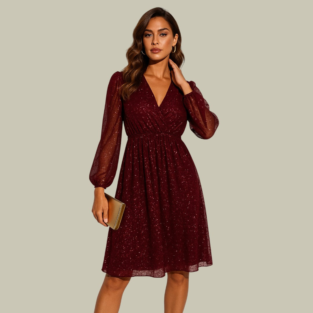 Sequin Mini Dress with V-Neck and Puff Sleeves, Flared Skirt