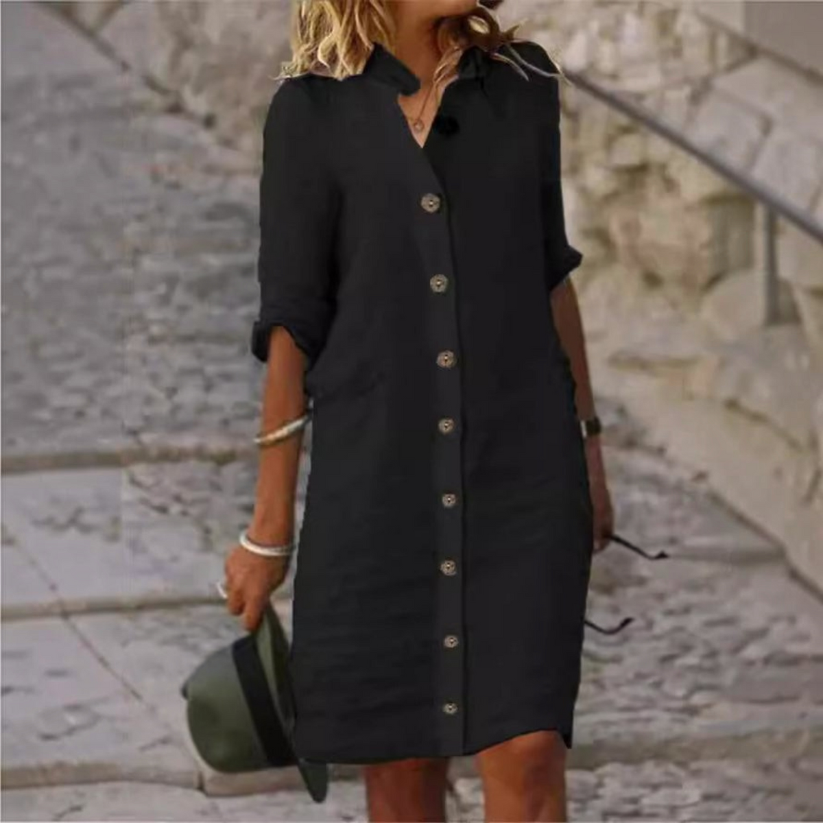 Shirt Dress with Button Front and Half Sleeves, Relaxed Straight Fit