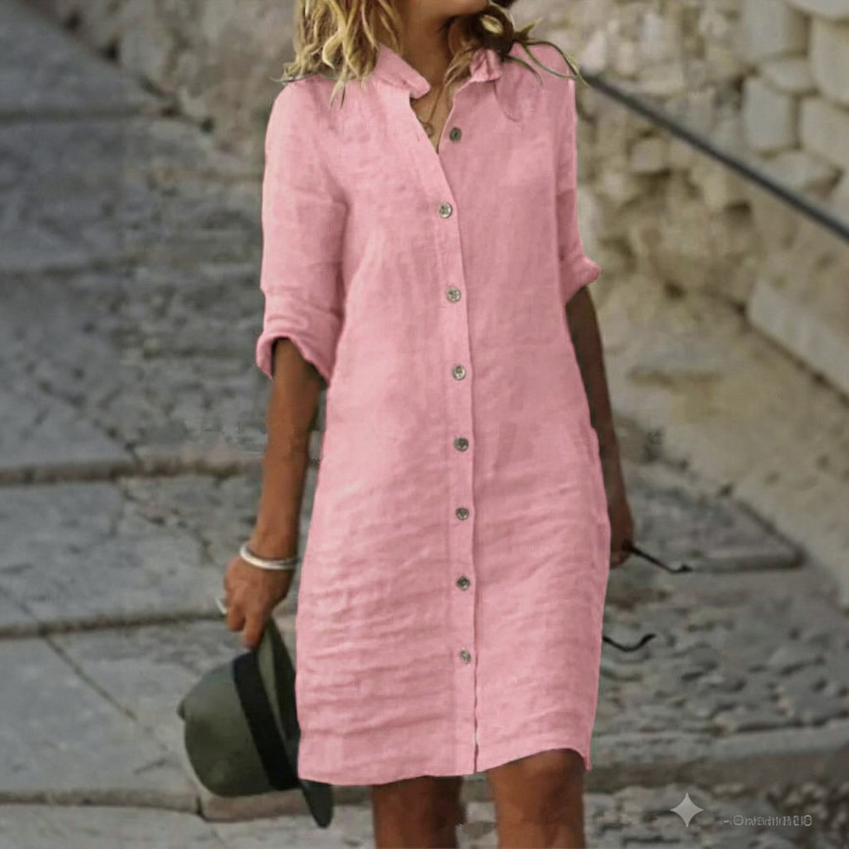 Shirt Dress with Button Front and Half Sleeves, Relaxed Straight Fit