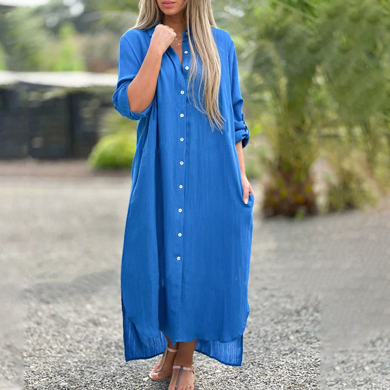 Womens Maxi Shirt Dress with Relaxed Shirt Silhouette and Long Sleeves, Front Button Placket