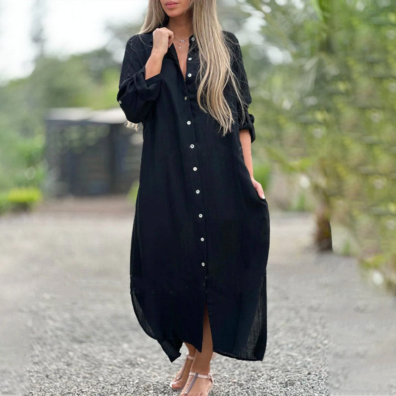 Womens Maxi Shirt Dress with Relaxed Shirt Silhouette and Long Sleeves, Front Button Placket
