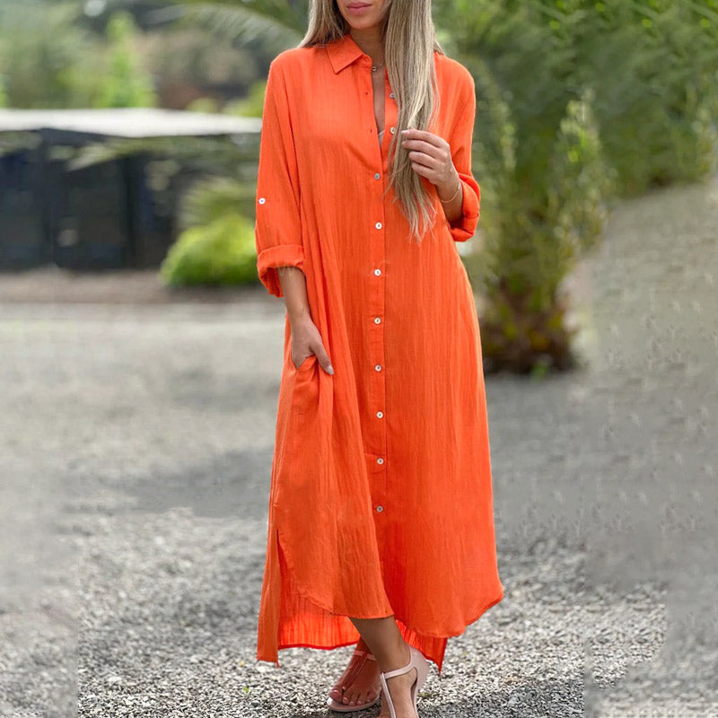 Womens Maxi Shirt Dress with Relaxed Shirt Silhouette and Long Sleeves, Front Button Placket