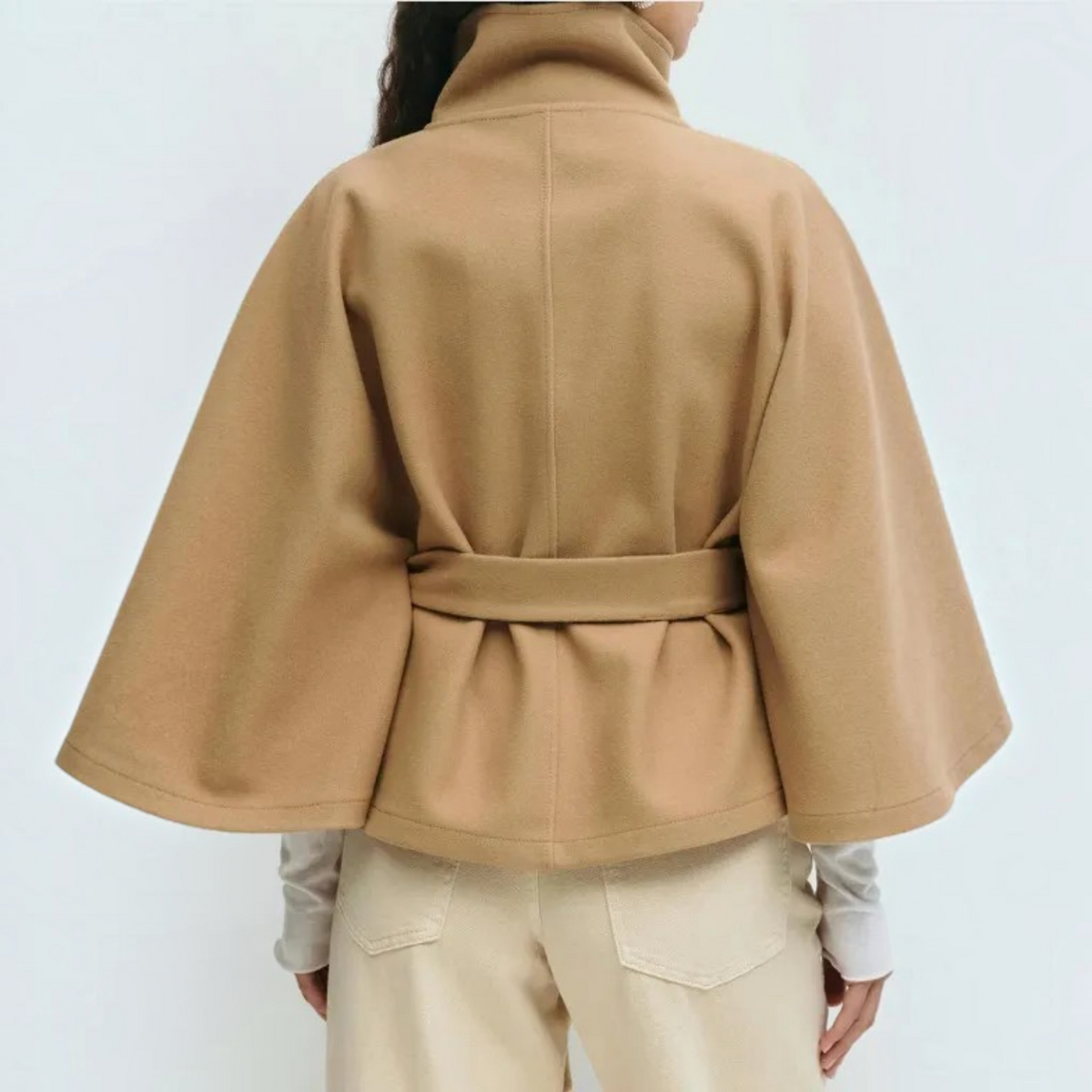 Short Cape Coat for Women with Funnel Neck and Tie Belt, Wide Cape Sleeves