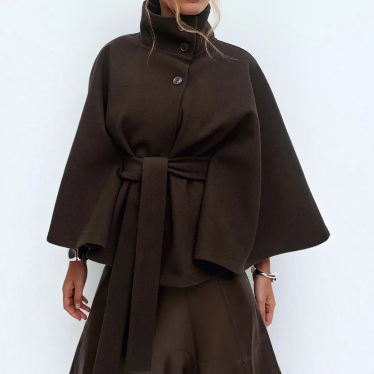 Short Cape Coat for Women with Funnel Neck and Tie Belt, Wide Cape Sleeves