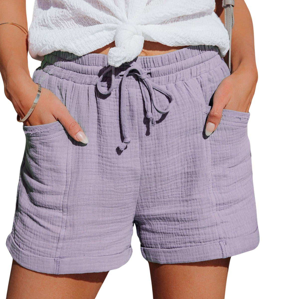 Relaxed Fit Womens Shorts with Front Pockets and Adjustable Waistband, Soft Fabric