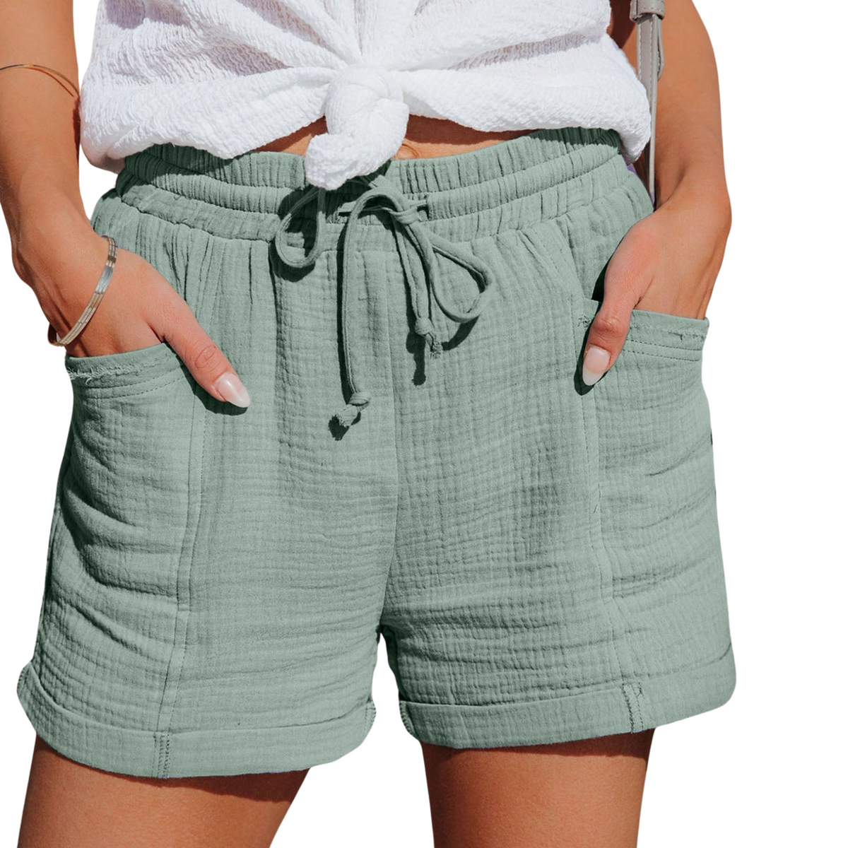 Relaxed Fit Womens Shorts with Front Pockets and Adjustable Waistband, Soft Fabric
