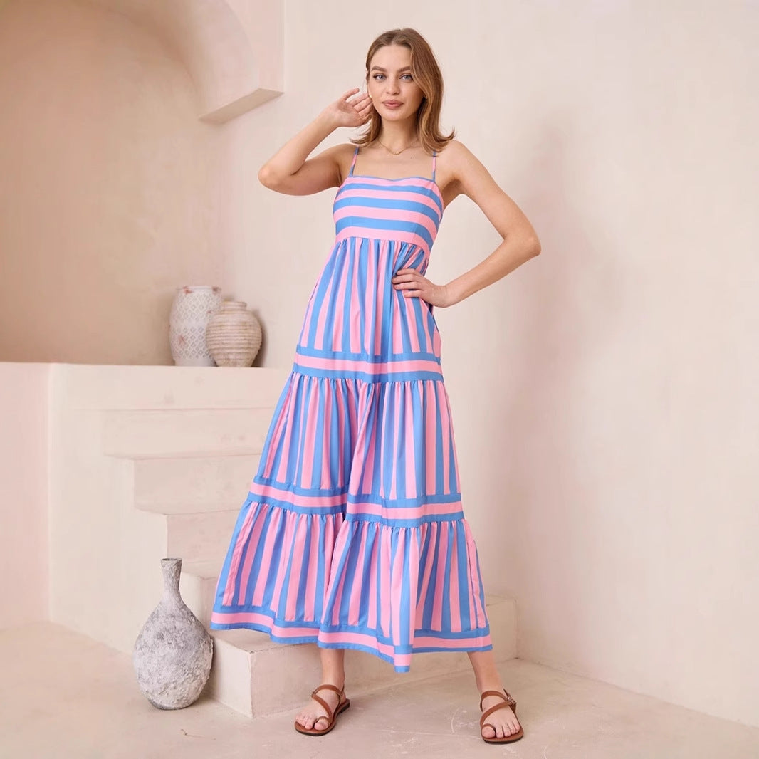 Womens Tiered Maxi Dress with Vertical Stripes and Side Pockets