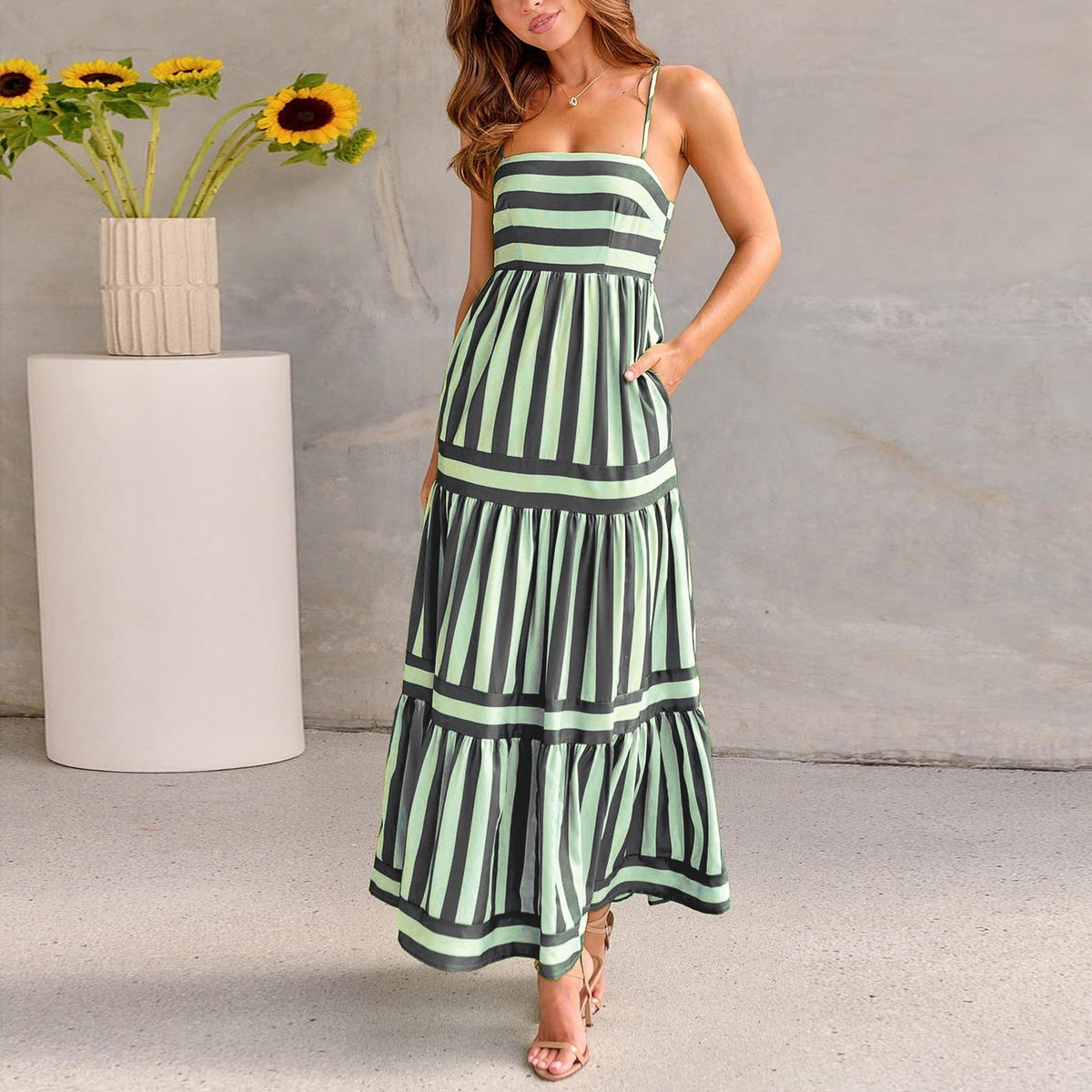 Womens Tiered Maxi Dress with Vertical Stripes and Side Pockets