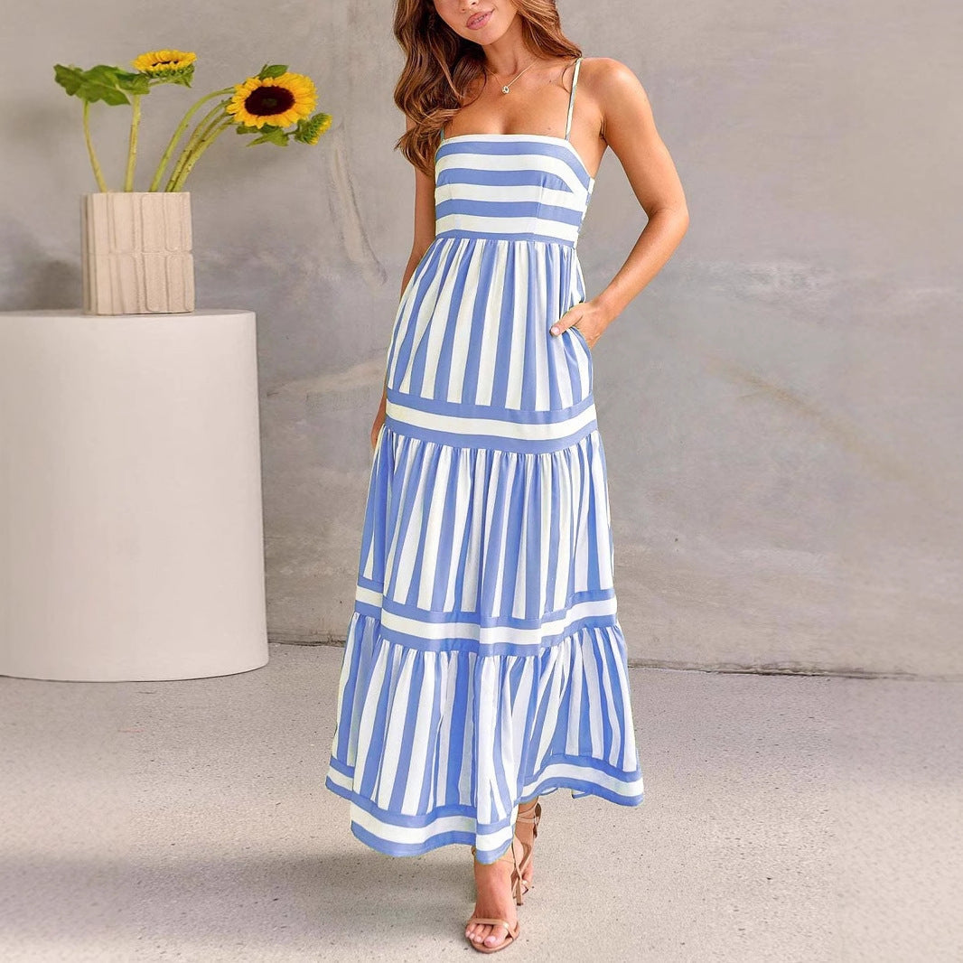 Womens Tiered Maxi Dress with Vertical Stripes and Side Pockets