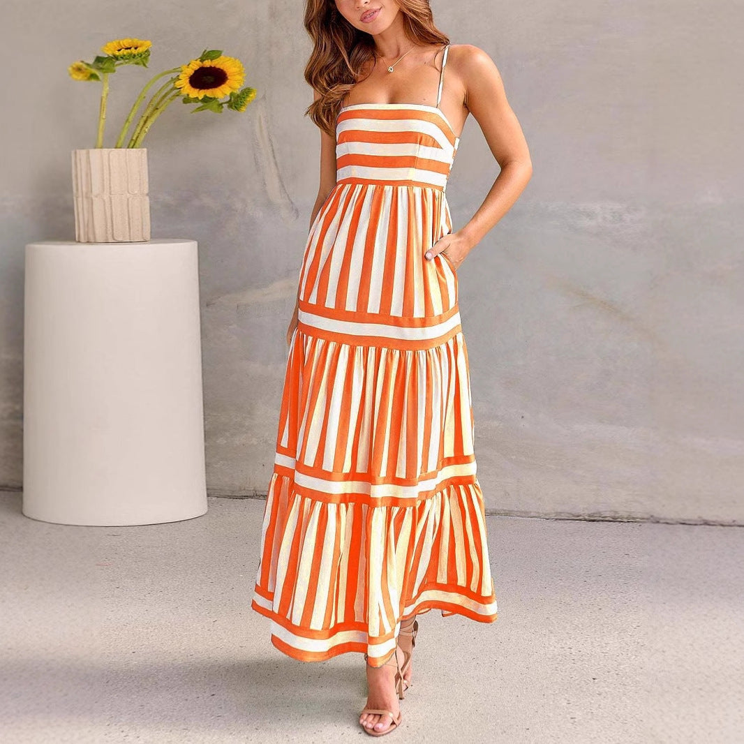 Womens Tiered Maxi Dress with Vertical Stripes and Side Pockets