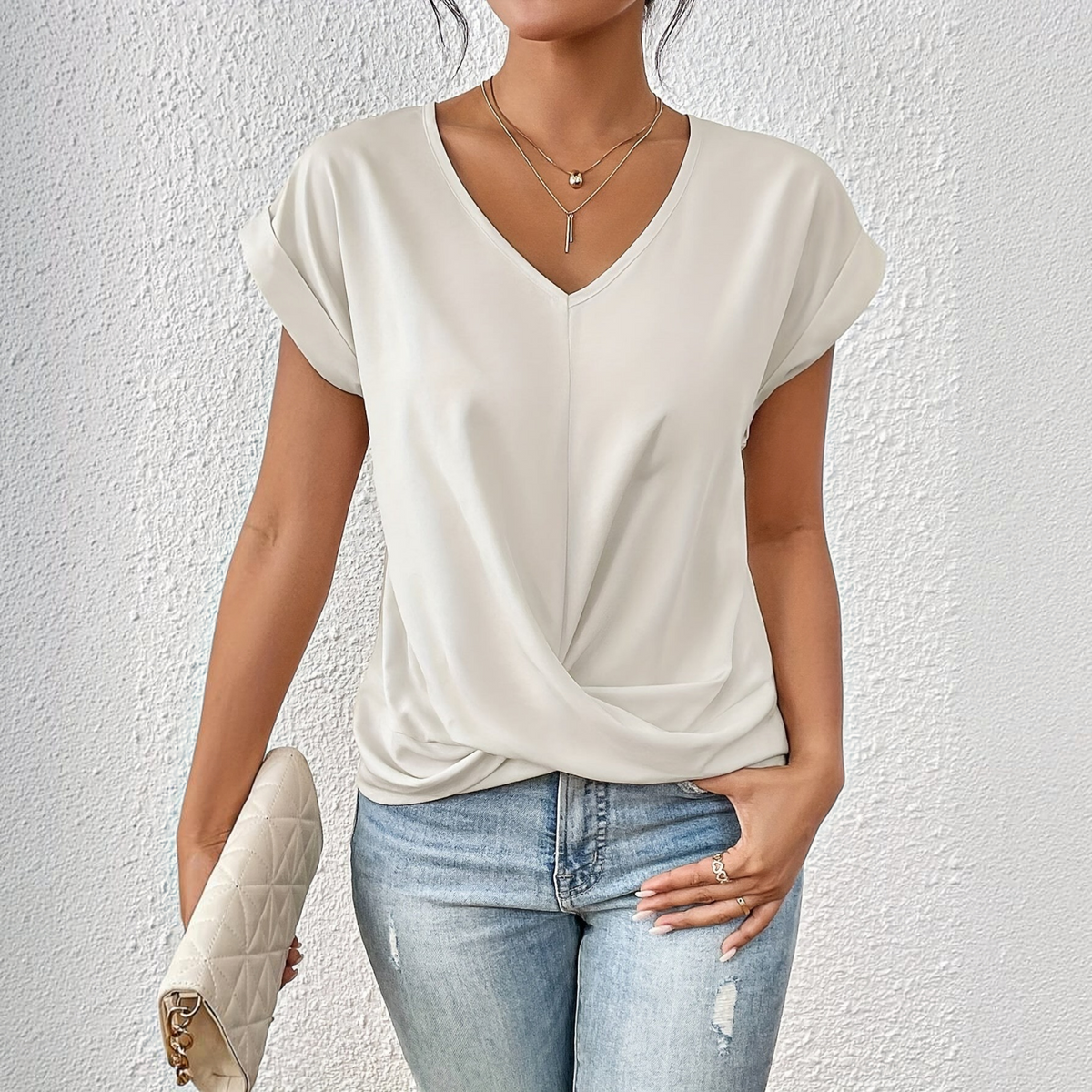 V-Neck Twist Front T-Shirt for Women with Short Sleeves and Relaxed Fit
