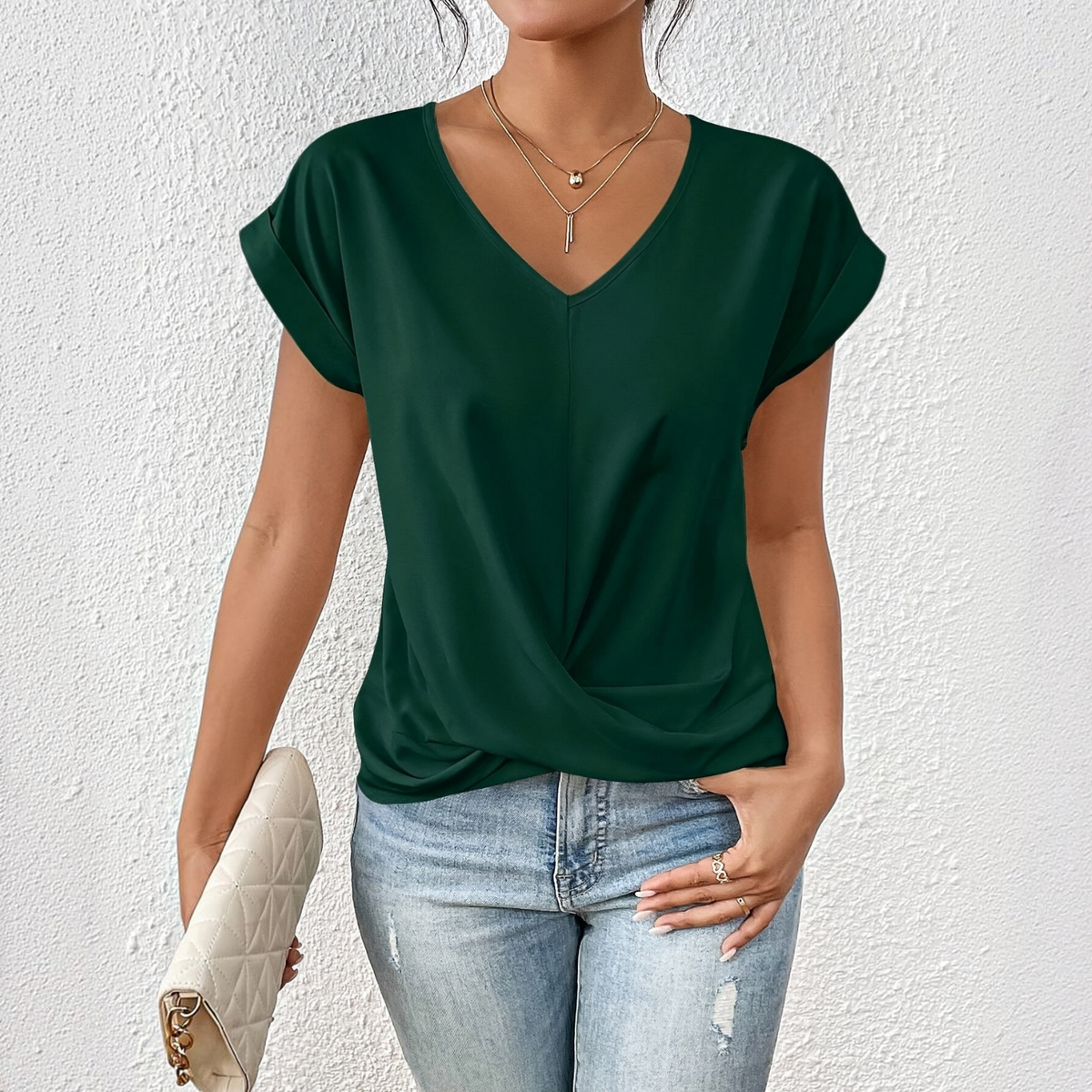V-Neck Twist Front T-Shirt for Women with Short Sleeves and Relaxed Fit